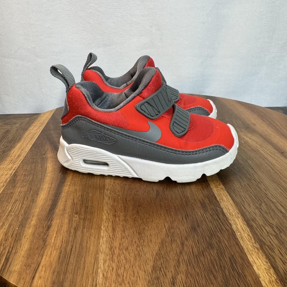 Nike Air Max 90 Shoes Toddler Size 6C Red Gray Hook Loop Running Sneakers