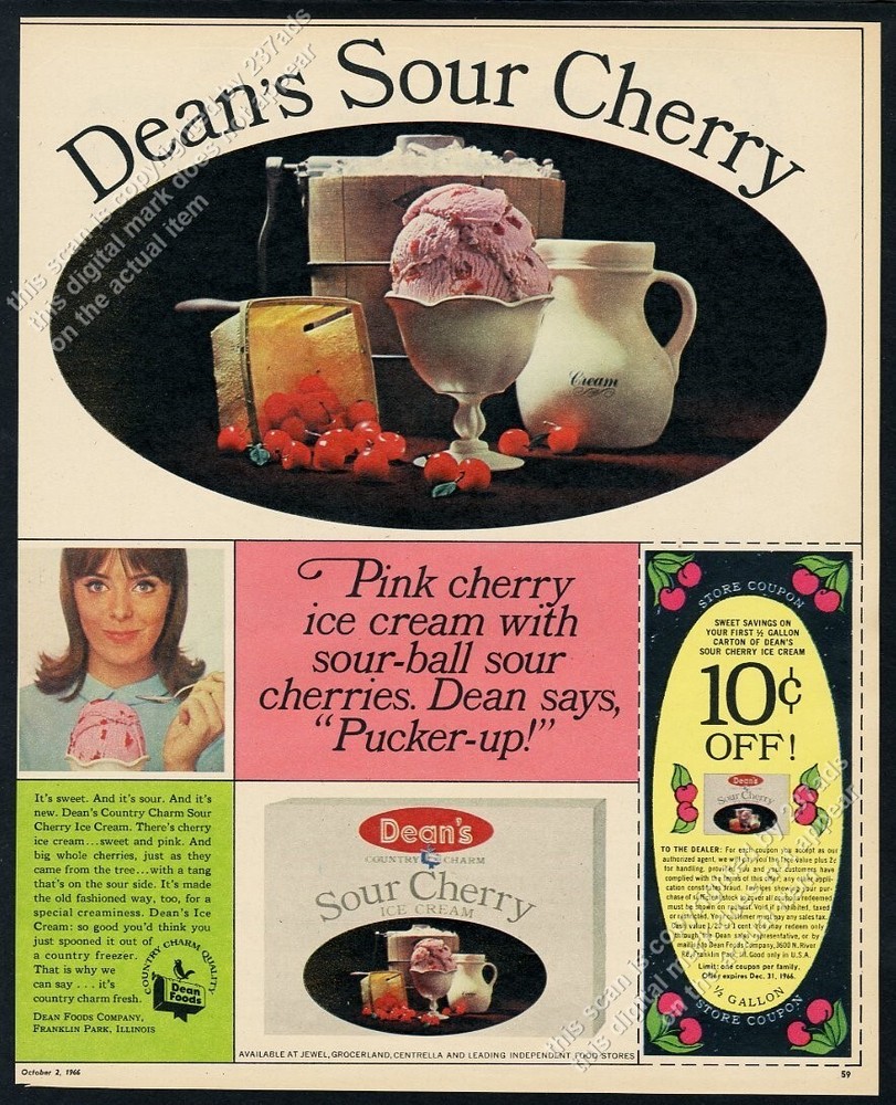 1966 Dean's Sour Cherry Ice Cream Vintage Print Ad with Photo & Coupon-image