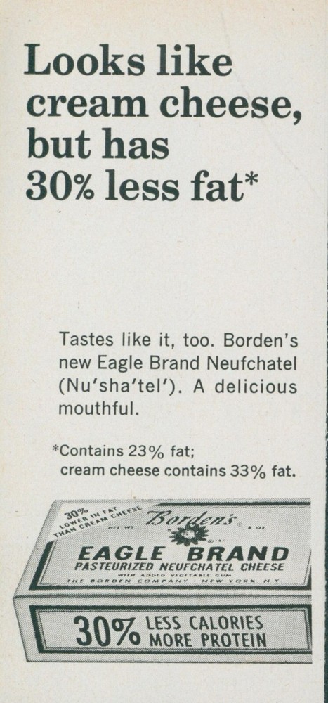 1965 Borden Eagle Brand Neufchatel Low Fat Cream Cheese Vintage Print Ad GH2