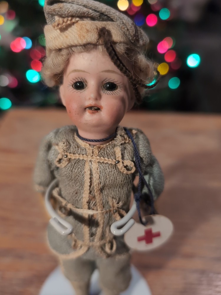 All Bisque Antique German Doll in Original Clothing Woman Military Nurse. #1G