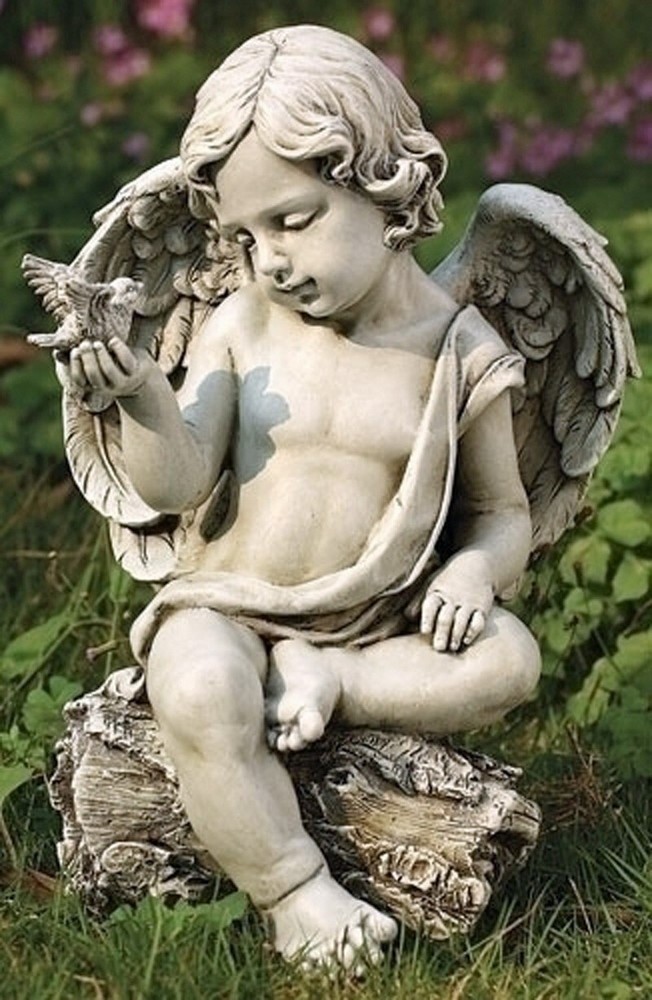 CHERUB WITH BIRD GARDEN STATUE