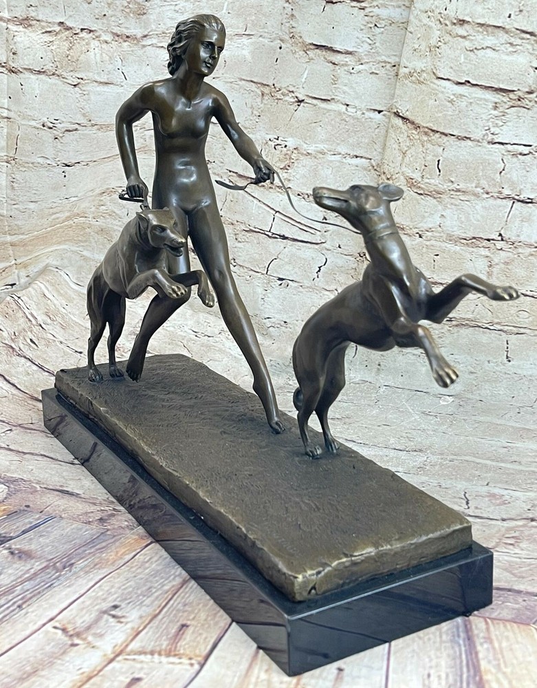 Art Deco Bronze Woman with Greyhounds Handcrafted Sculpture