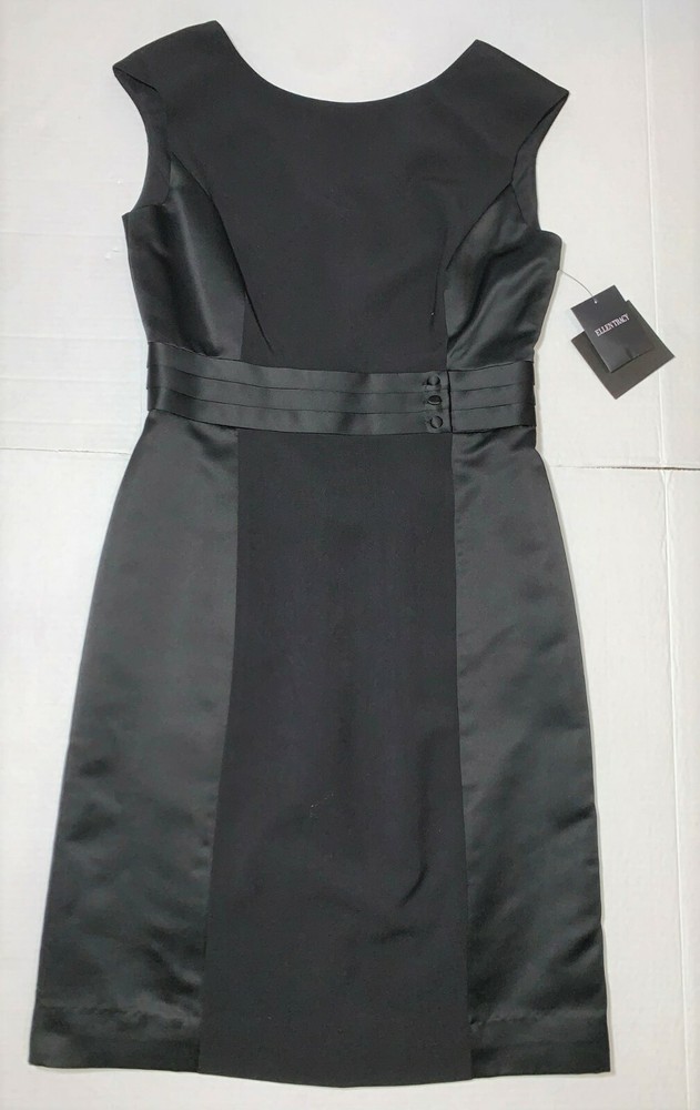 NEW Ellen Tracy Black Satin Striped Cap Sleeve Sheath Slimming Dress Women's 2