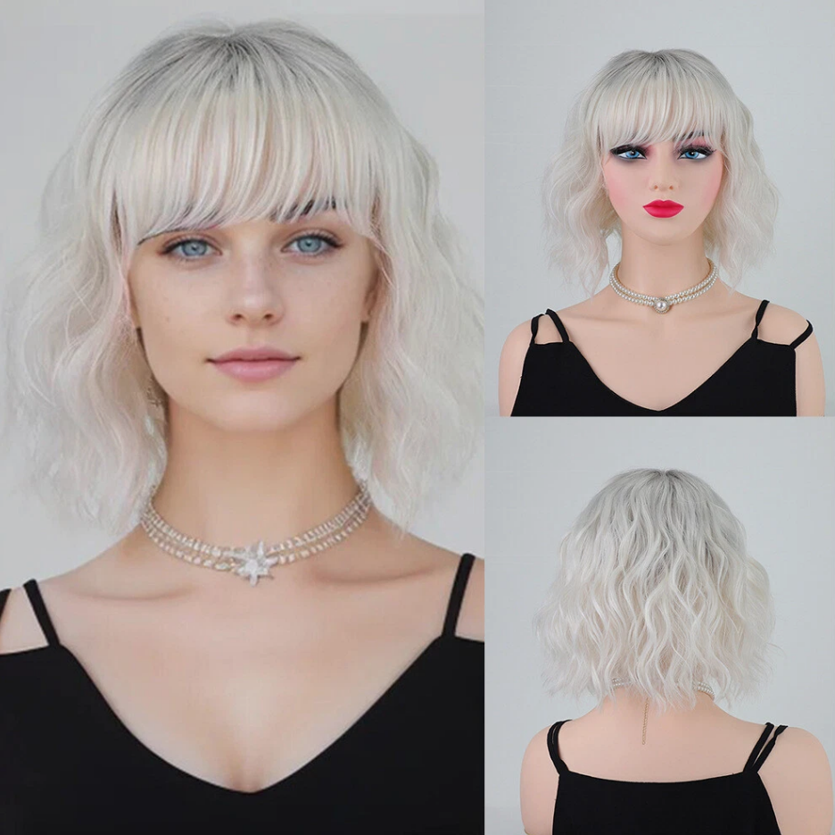 Shor Wavy Rooted Pale Blonde Hair Synthetic Wigs Women Soft Natural Soft