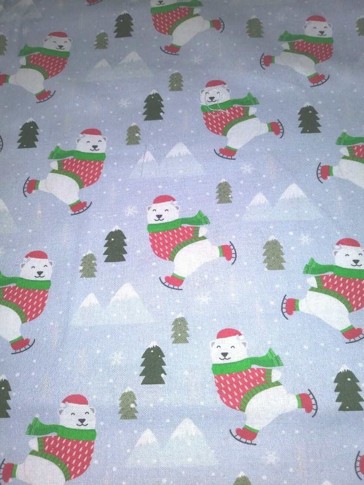 Christmas Winter Fabric~Polar Bears in Sweaters Skating~Cotton Quilt~1 Yd & 32