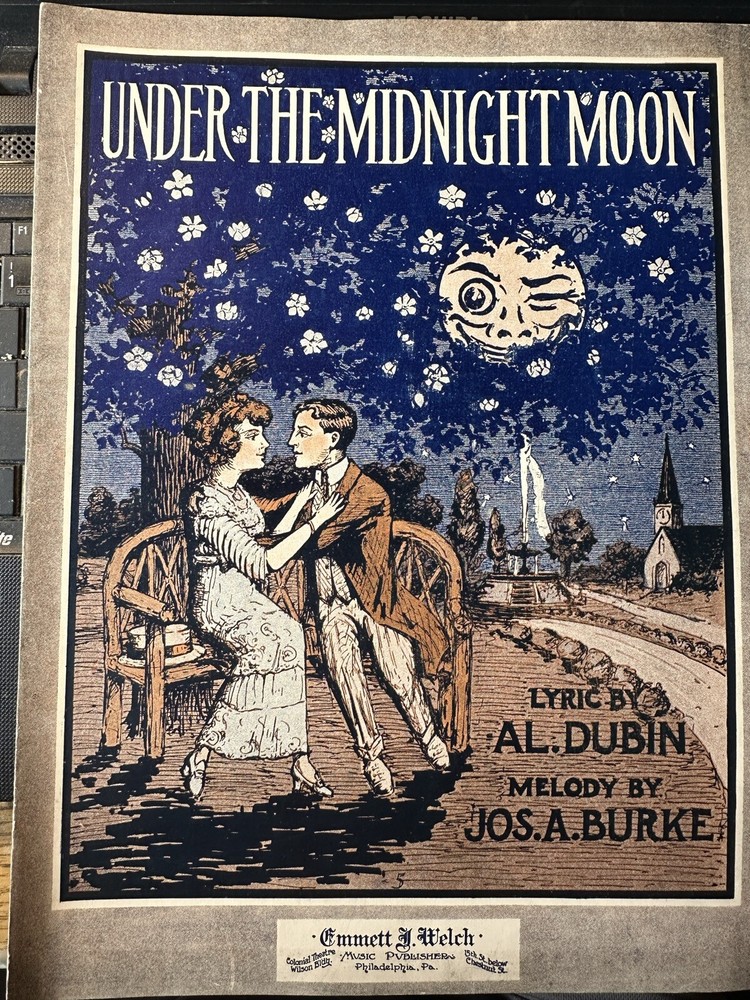J 11x14 1913  Ragtime Sheet Music UNDER THE MIDNIGHT MOON by Joseph Burke