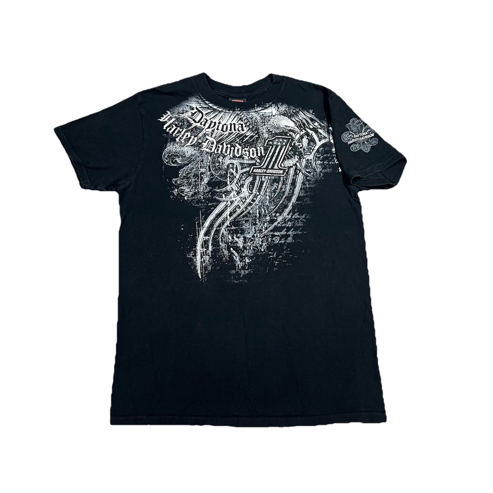 Harley Davidson Medium T Shirt Grunge Y2K Black Sleeve Logo Daytona Florida