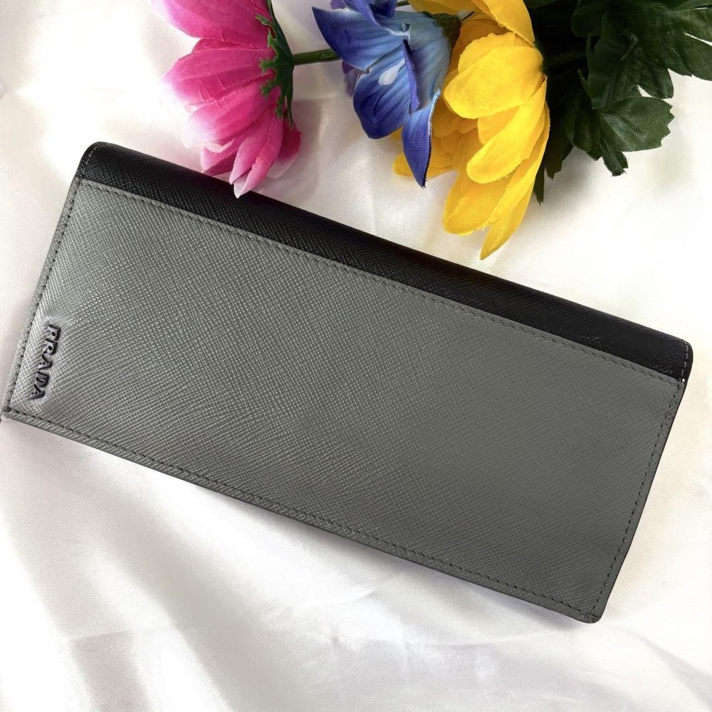 Prada Saffiano Leather Foldable Long Wallet in Black & Gray
