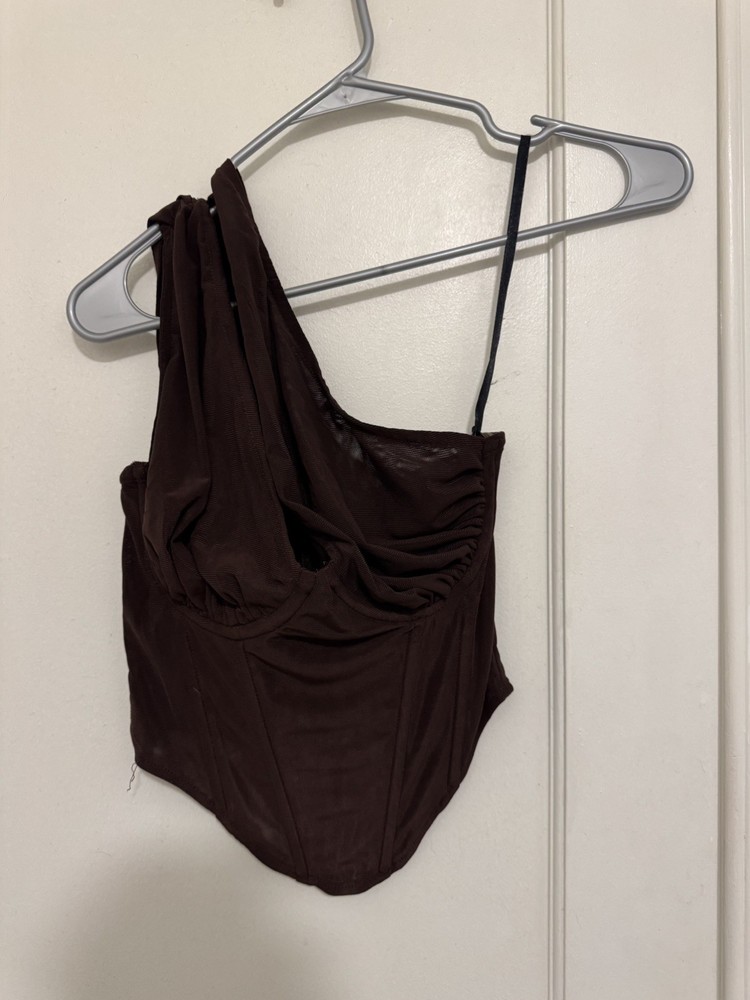 Missguided Brown Mesh one shoulder Corset Top Size US 4 / UK 8 zip back