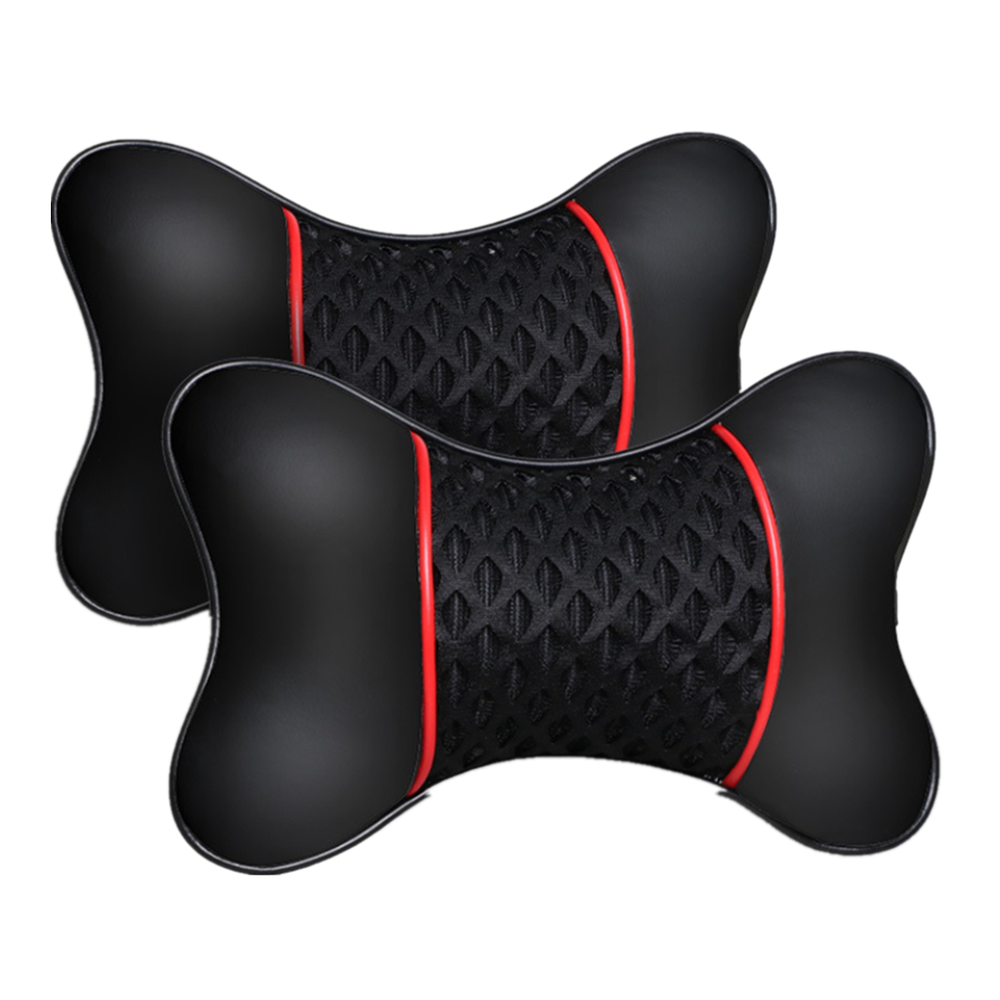 2Pcs Car Seat Headrest Neck Pillow Cushion Mat Knitted PU Leather Pad 27x18 cm