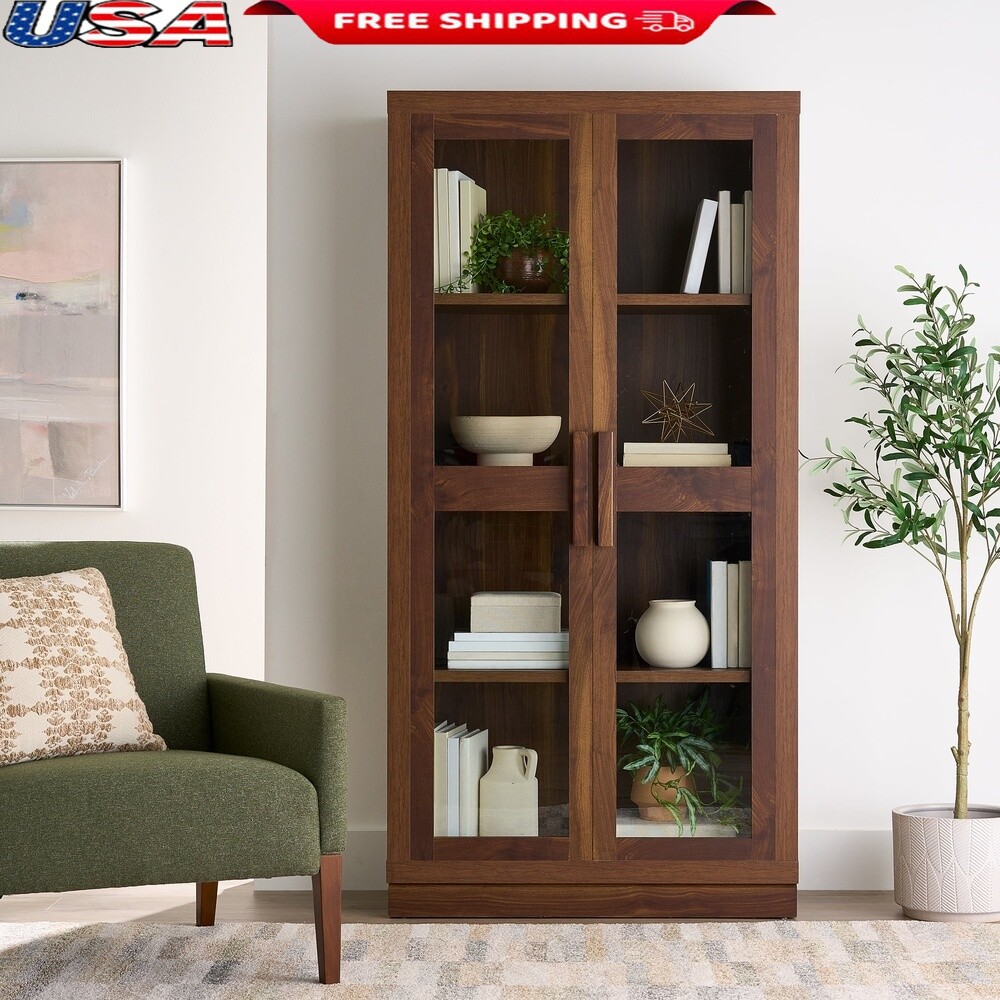 Ezra Bookcase with Glass Doors and Adjustable Shelves Modern Storage Display Unit
