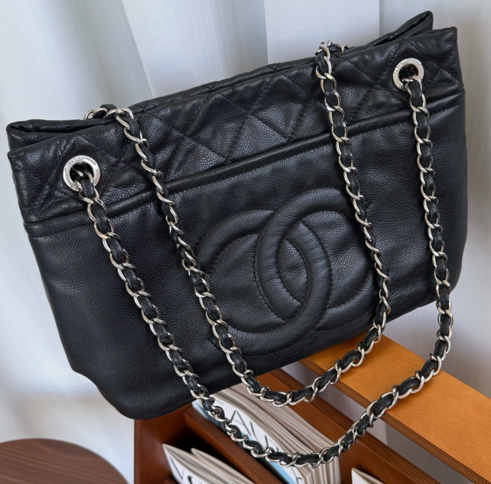 CHANEL Black Silver Calfskin Tote with Chain Shoulder Bag for Women