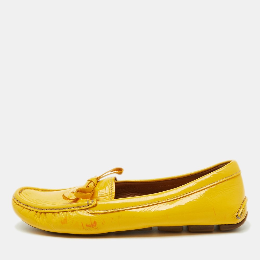 Prada Mustard Yellow Patent Leather Bow Loafers Women Size 37.5