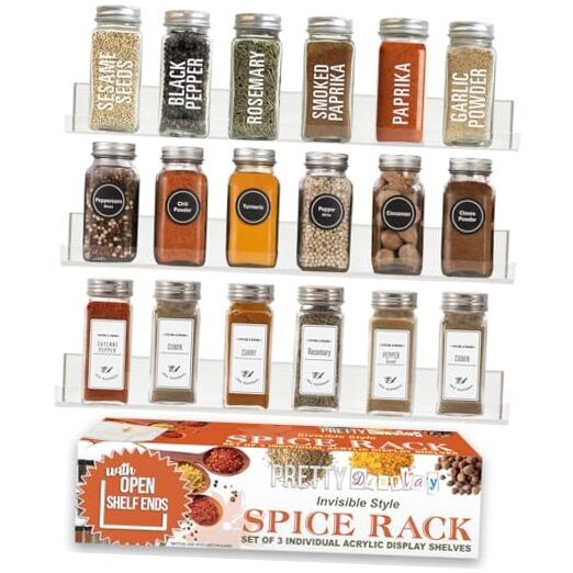 3-Pack Clear Acrylic Wall Mounted Spice Rack Shelves with Open Ends
