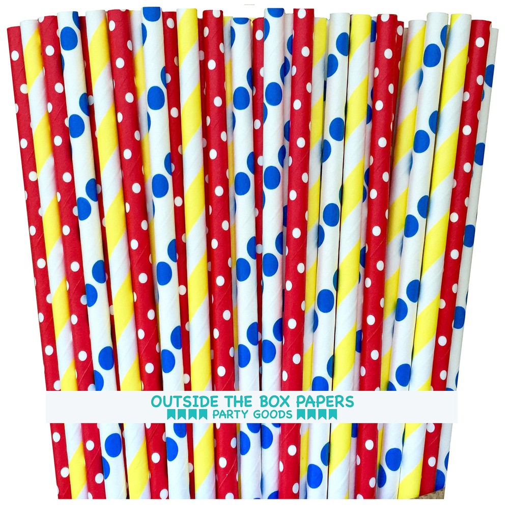 Circus Theme Polka Dot and Stripe Paper Straws 7.75 Inches 75 Pack Red, Blue,...