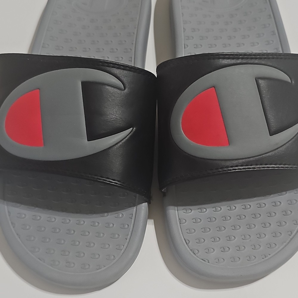 Champion Super Slide CP101271M Men's Slide Sandals Black Gray Red Logo US 10