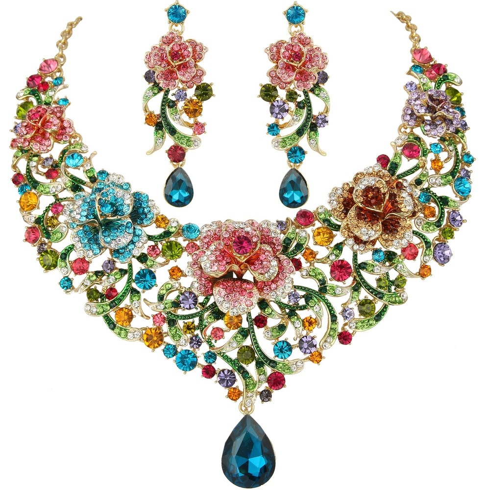 EVER FAITH Rhinestone Crystal Rose Flower Vine Tear Drop Necklace Elegant Women’s Jewelry