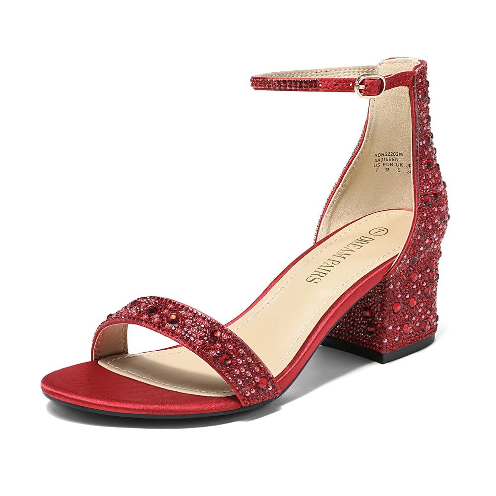 Women Ankle Strap Heeled Sandals Chunky Rhinestone Party Wedding Dress Sandals