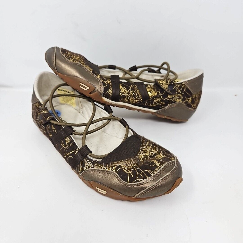 Diesel Shoes Womens 7.5 Leather Maudy Jane Vintage Casual Y2K Flats Brown & Gold
