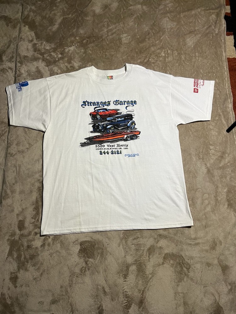 Strange Garage Racing Back Sponsor Graphic Shirt Men XL Y2K White And Blue