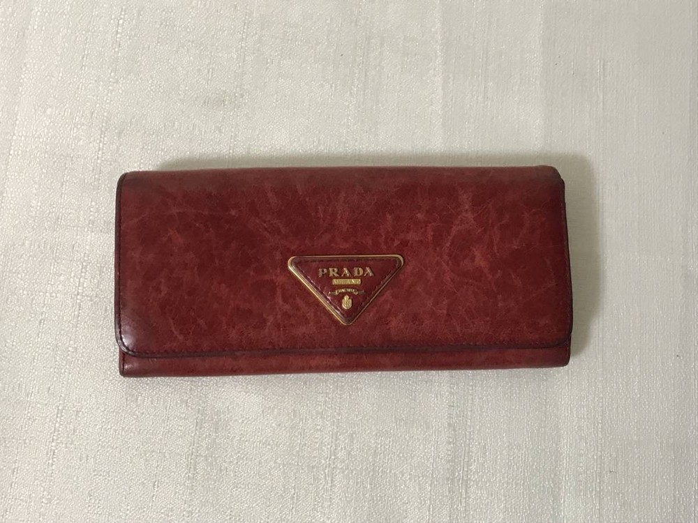 PRADA Genuine Leather Long Wallet with Coin Holder for Women in Red Travel Size