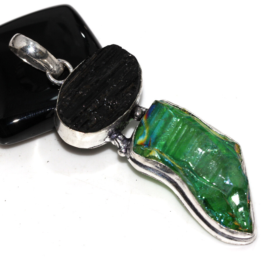Green Titanium Aura Quartz Black Tourmaline Long Gemstone Pendant 2.5
