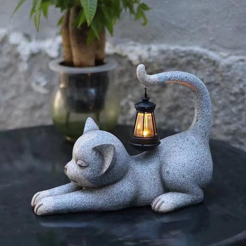 Solar-Powered Garden Cat Statue Outdoor Decor Animal Figurine