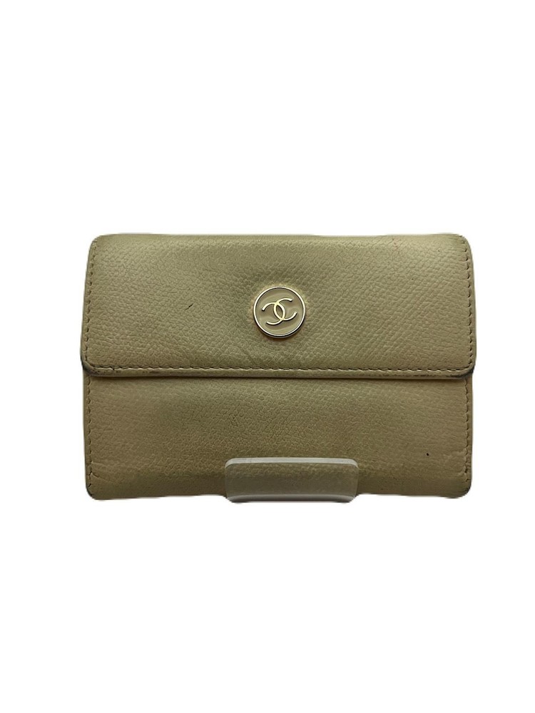 CHANEL Ivory Leather Card Wallet Case Used E0328-8  