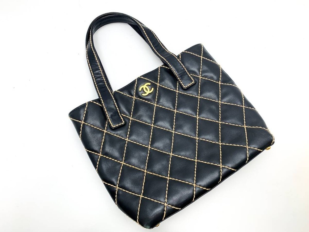 CHANEL Coco Mark Black Wild Stitch Tote Handbag 79265 Leather Shoulder Bag  
