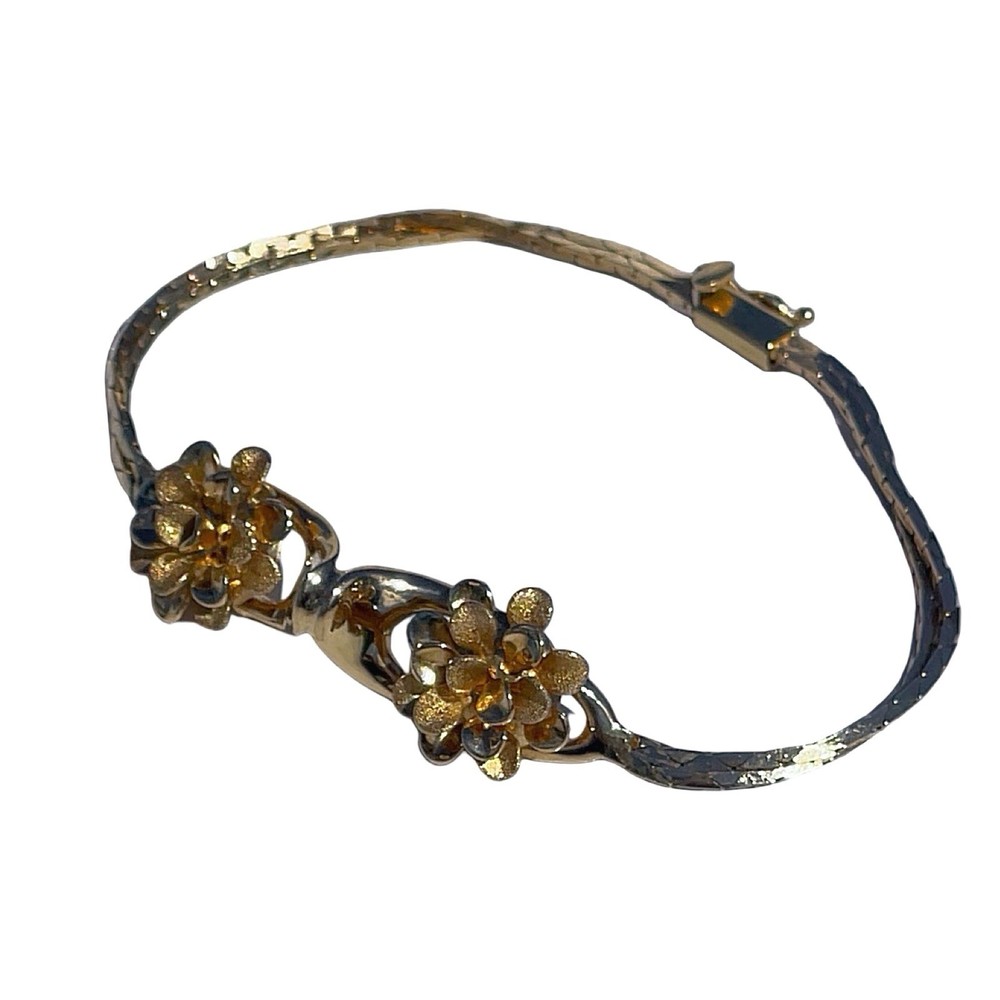 Custom Designed 14k Solid Fine Italian Yellow Gold Antique Flower Charm Bracelet