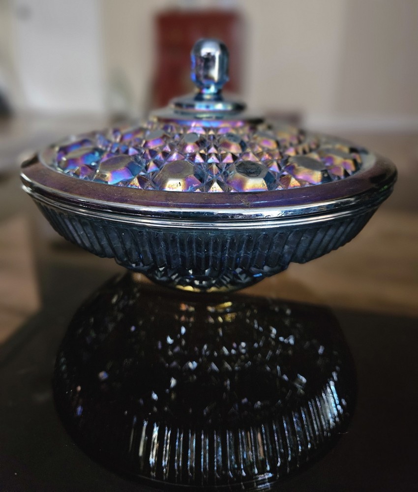 Vintage Indiana Carnival Glass Candy Dish With Iridescent Lid