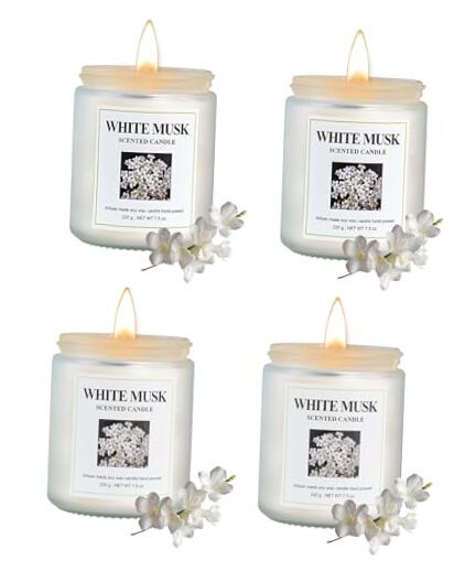 Paquete de 4 velas, velas de tarro de aromaterapia casera de 200 horas de 30 oz, almizcle blanco