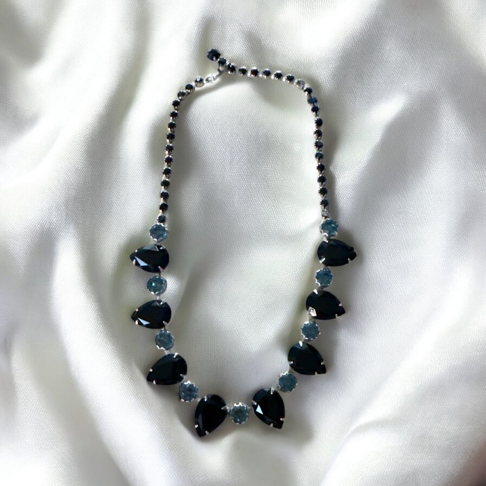 Rare Vintage Signed Elsa Schiaparelli Black & Blue Rhinestone Beaded Necklace