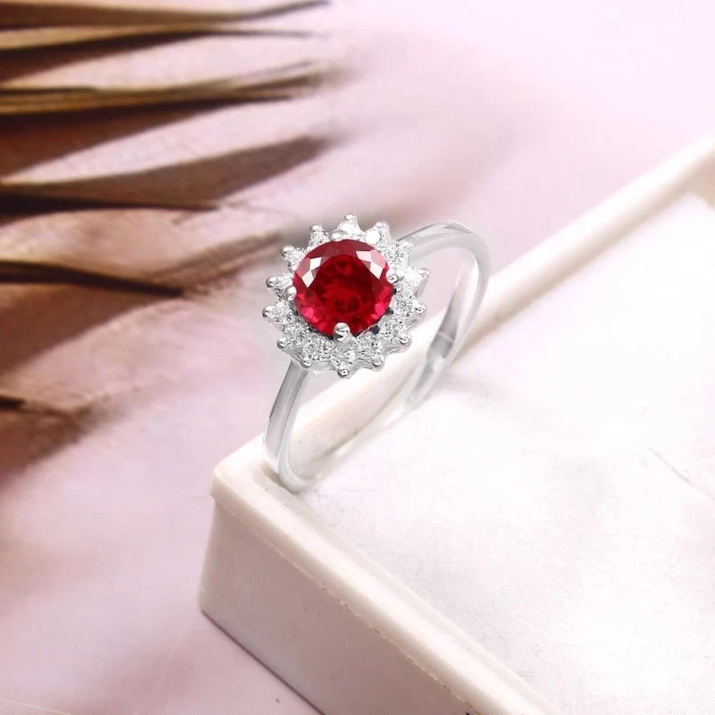 6x6 MM Red Ruby Ring Flower Design Zircon Halo 925 Silver Certified All Sizes