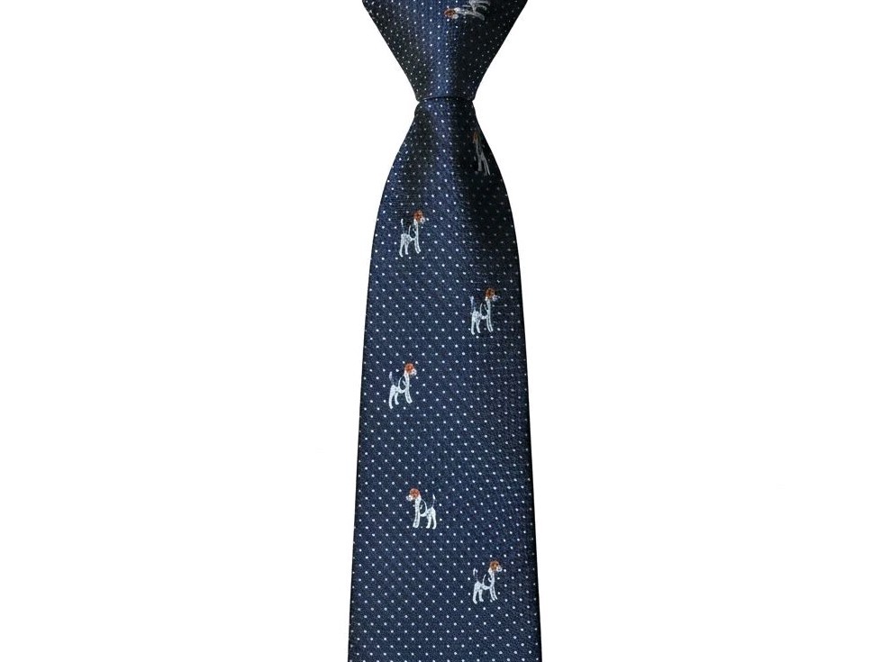 Men's Silk Dog Print Necktie Navy Blue Fox Terrier by Banana Republic