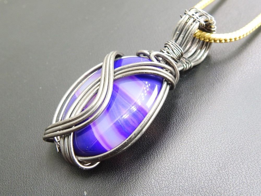 Purple Strip Agate Brass Pendant Silver Oxidised Polished Wire Wrapped Jewelry