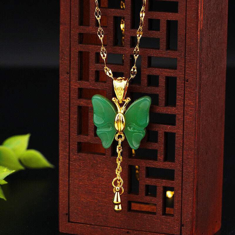 Natural Jade Butterfly Pendant Necklace 18K Gold Plated Real Jewelry Amulet
