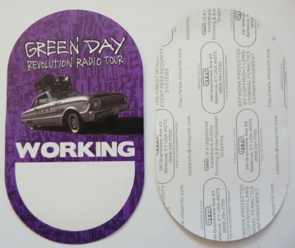 Green Day Revolution Radio Tour Concert Purple Working Backstage Pass D5