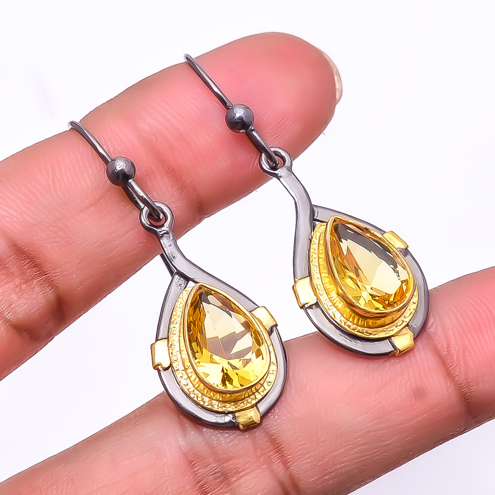 Citrine 925 Sterling Silver Black And Gold Rhodium Plated Earring 1.76