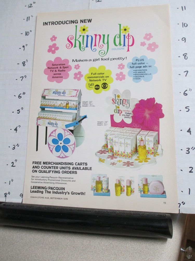 magazine ad 1970 SKINNY Dip cologne Leeming Pacquin perfume store display
