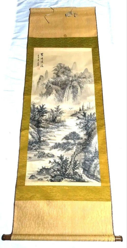 Hanging Scroll, Hand-Painted Ink Landscape Map, Inscription, Seal, Silk, Antique
