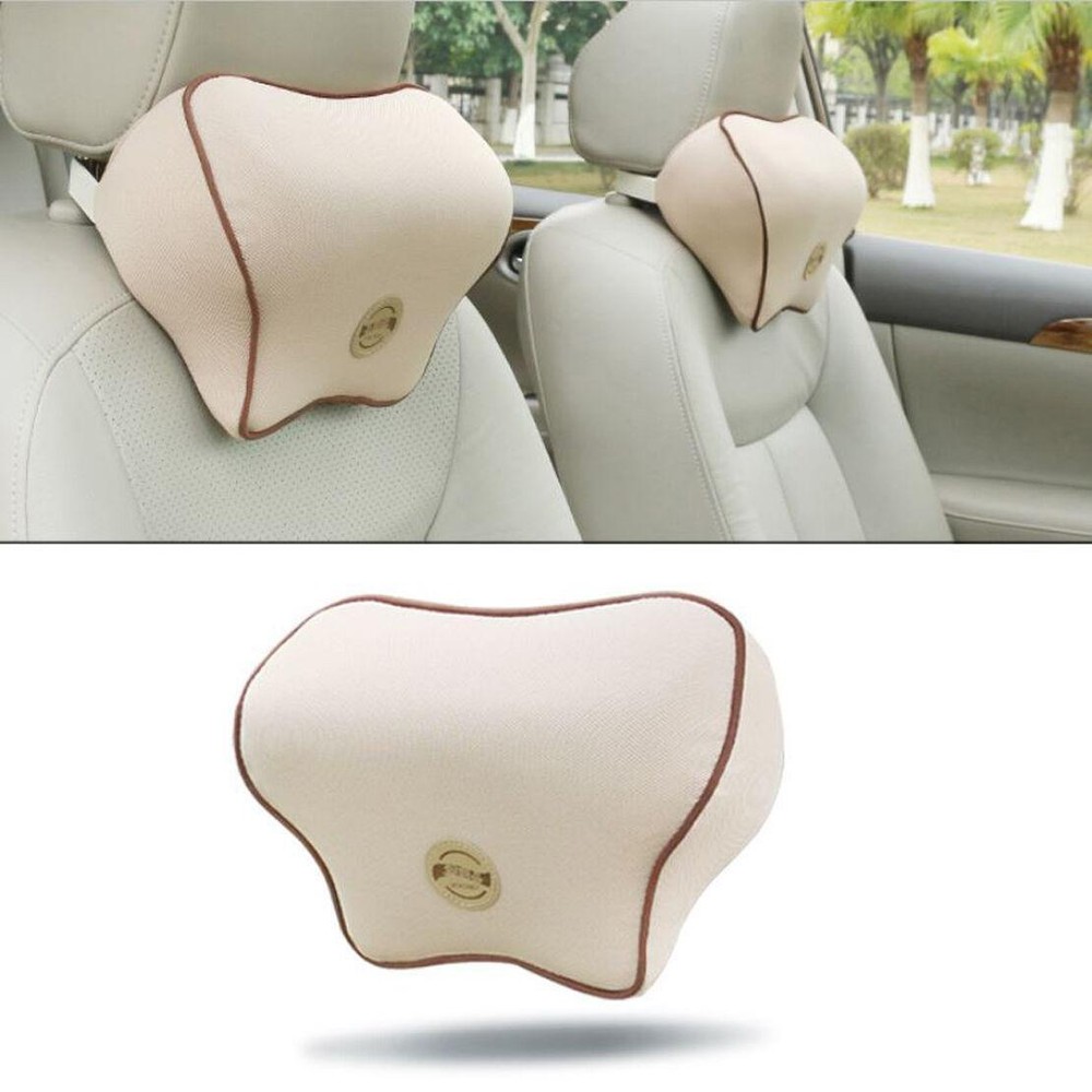 Beige Memory Foam Car Seat Headrest Pad Head Neck Cushion Pillow Soft Cotton
