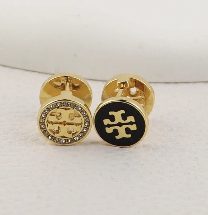 Tory Burch Classic Double T Earrings in Black & Crystal Double Face Design