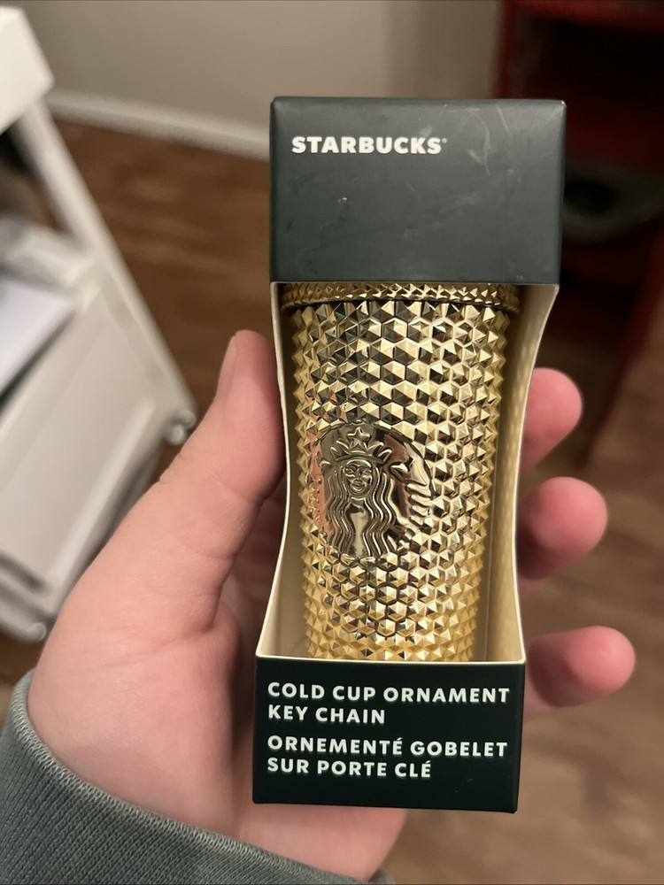 Starbucks 2022 Holiday Gold Studded Tumbler Cup Ornament Keychain Metallic Cold Cup