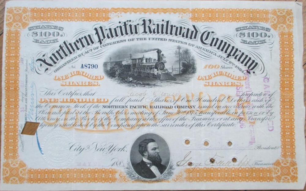 Northern Pacific Railroad Company 1881 Stock Certificate, Orange