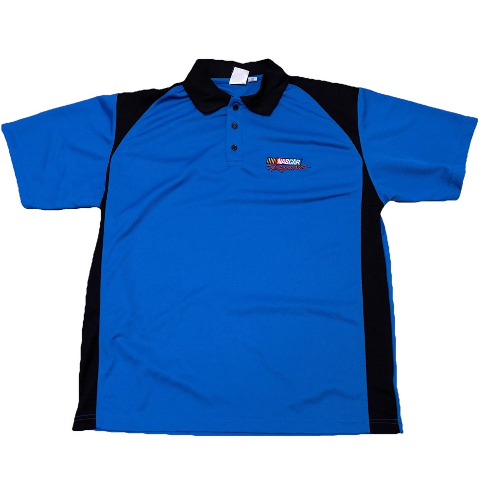 Vintage NASCAR Checkered Flag Mens Polo Shirt Blue Black Logo Button Up