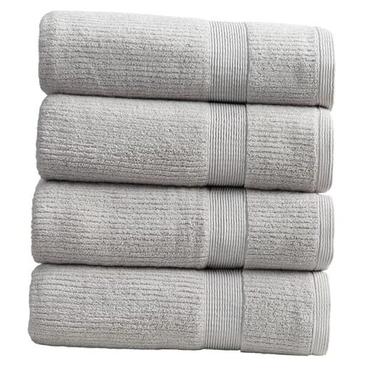 Soft Grey Ribbed Bath Towel Set - 4 Pack 100% Combed Cotton
