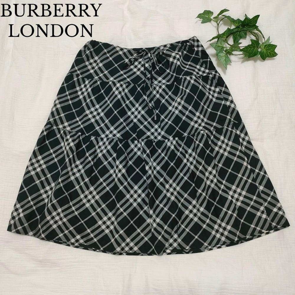 Burberry London Nova Check Knee-Length Skirt Black White Ribbon Waist Size 40 L