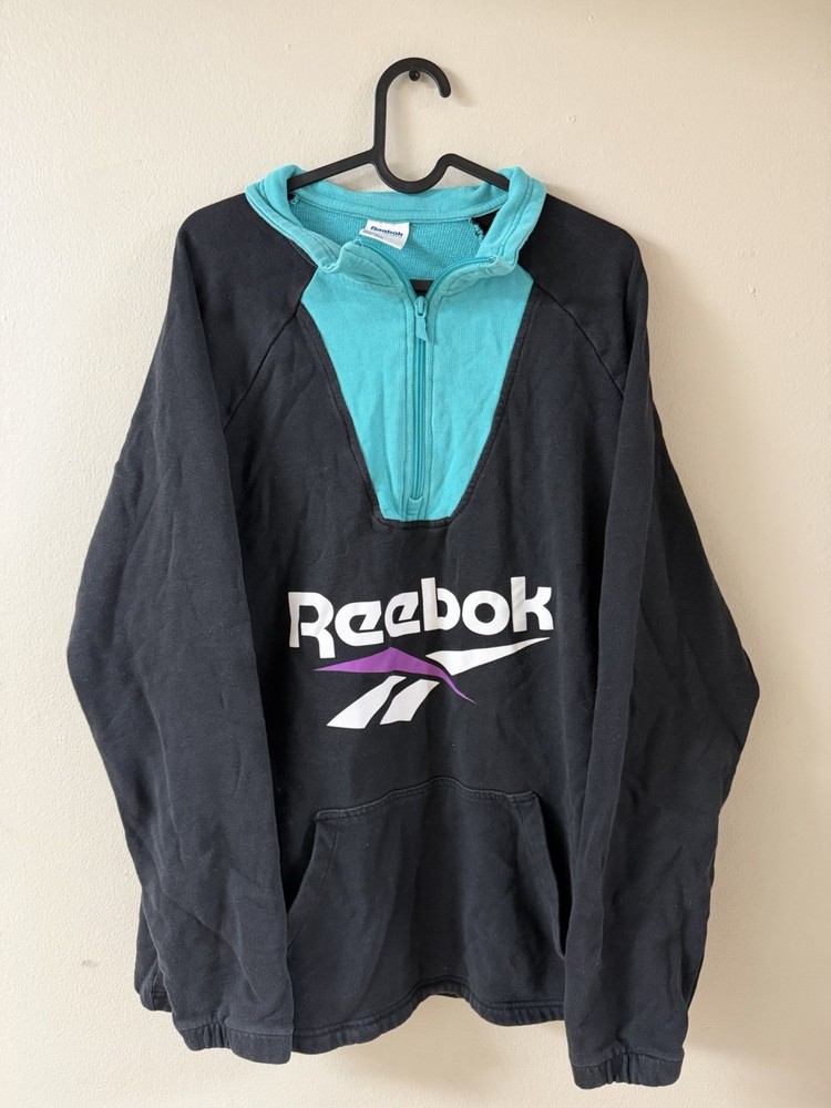 REEBOK Sweatshirt Mens L Fleece Retro Vector Quarter Zip Pullover Vintage Black