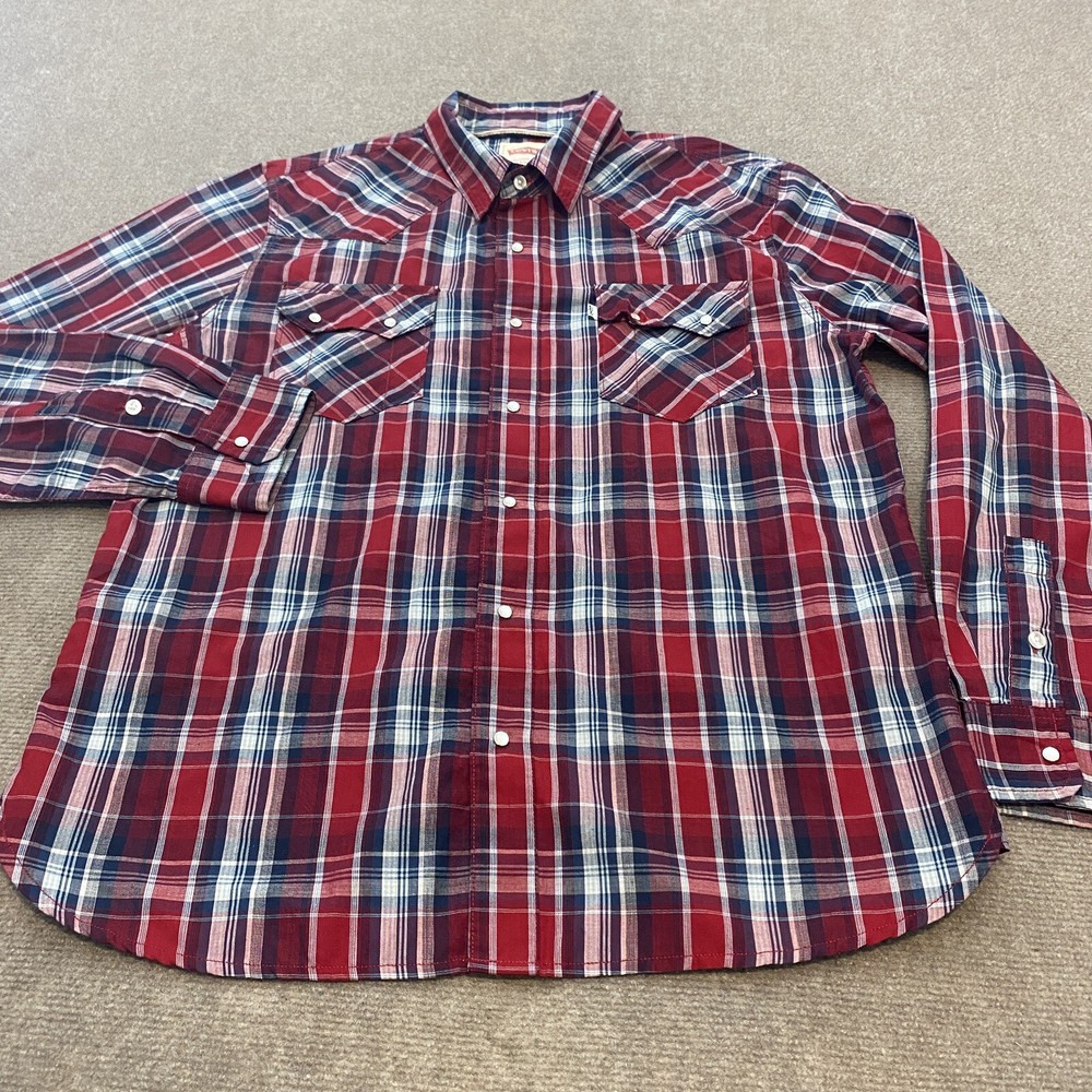 Levis Western Shirt Mens Large Plaid Long Sleeve Pearl Snaps Cowboy Modern Logo